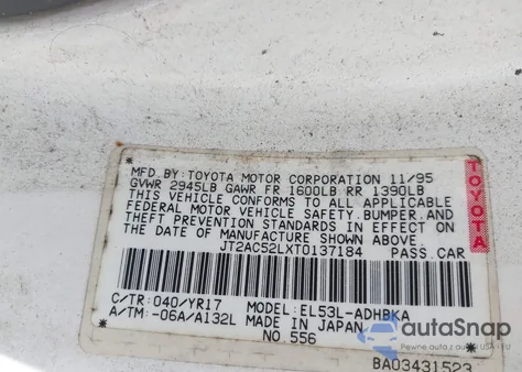 1996 Toyota Tercel Std/Dx from USA, damaged, VIN JT2AC52LXT0137184